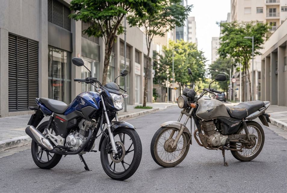 Moto nova e moto antiga estacionadas lado a lado