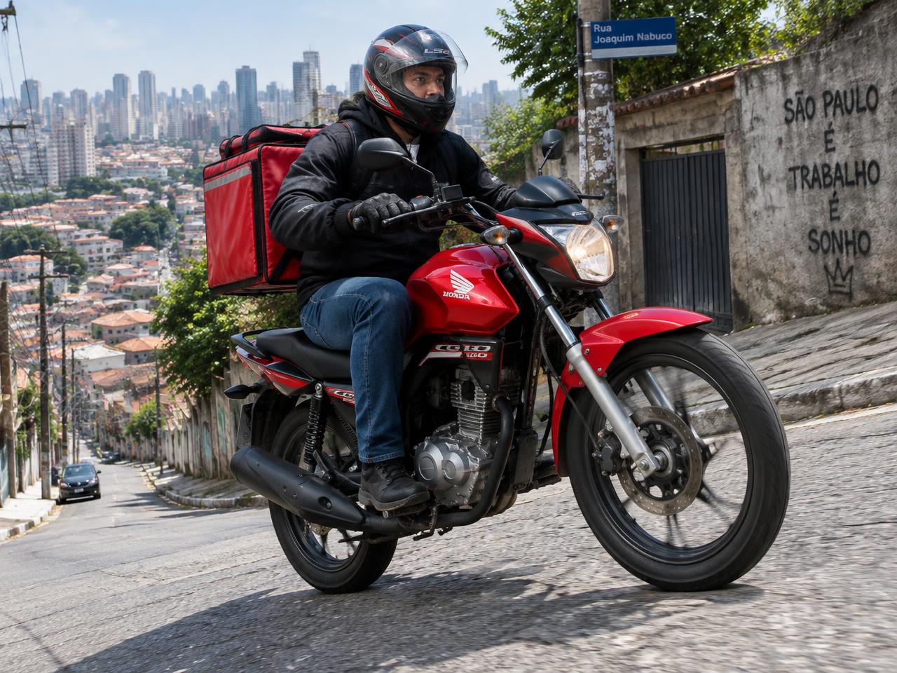 Entregador subindo ladeira em São Paulo com uma Honda CG 160 vermelha