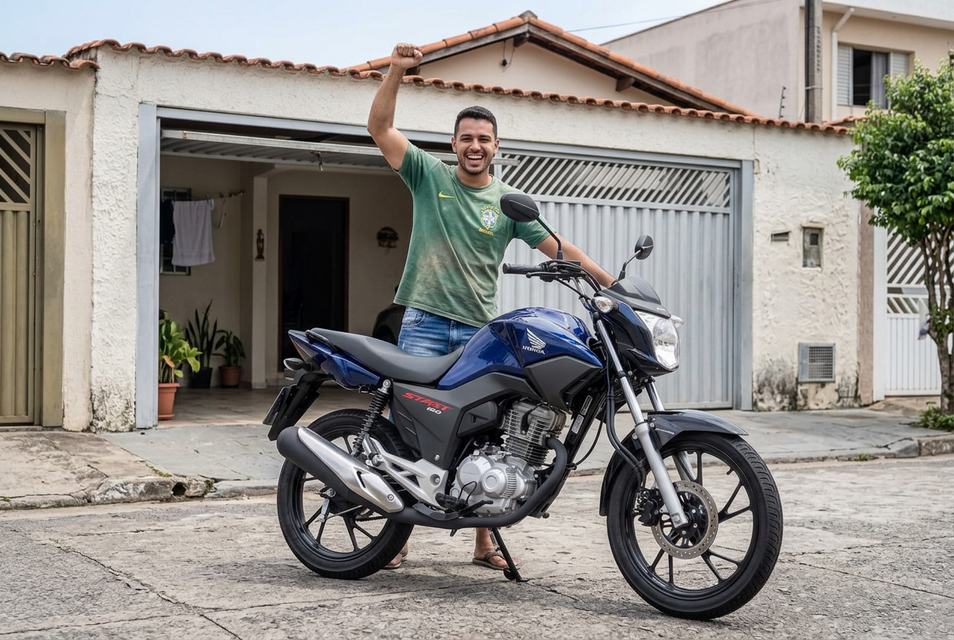 Motociclista segurando a chave da própria moto