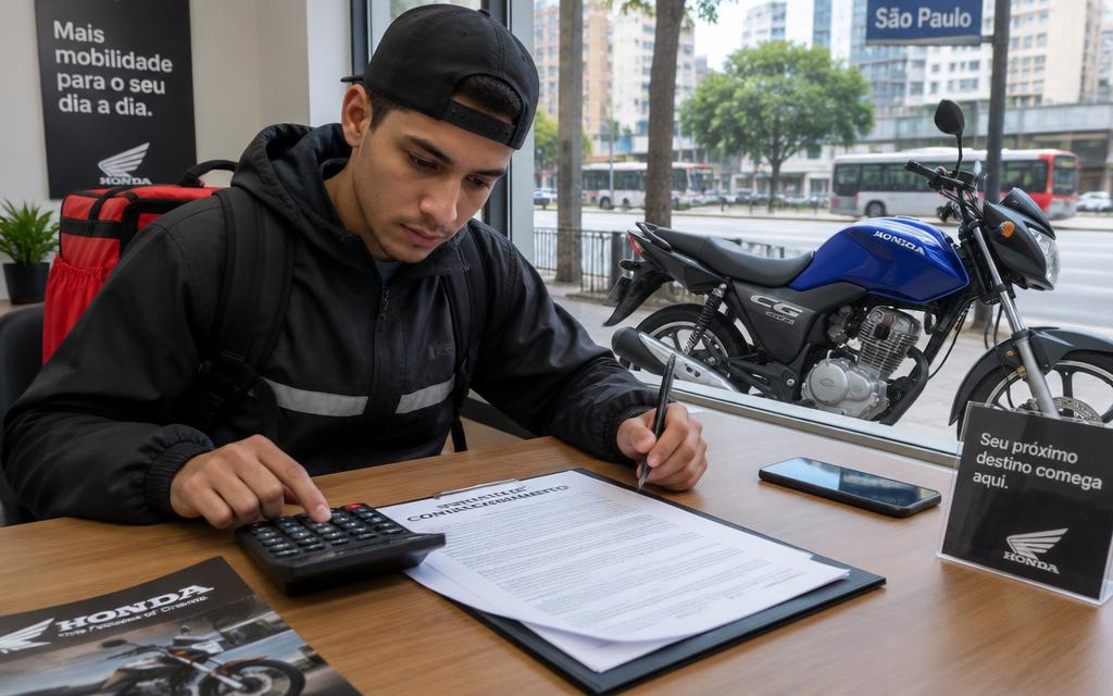 Entregador fazendo contas para decidir entre alugar ou financiar moto