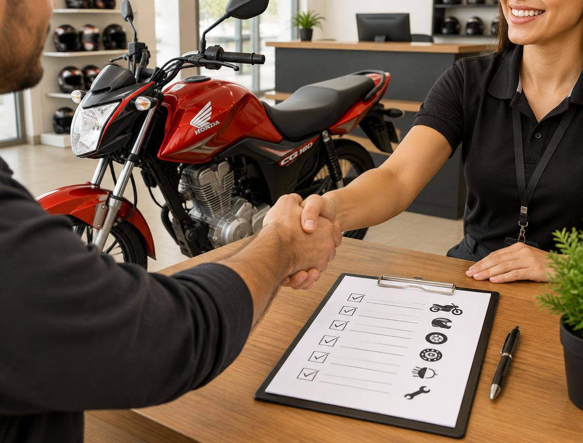 Cliente e atendente apertando as mãos ao lado de uma Honda CG 160 e de uma ficha de vistoria