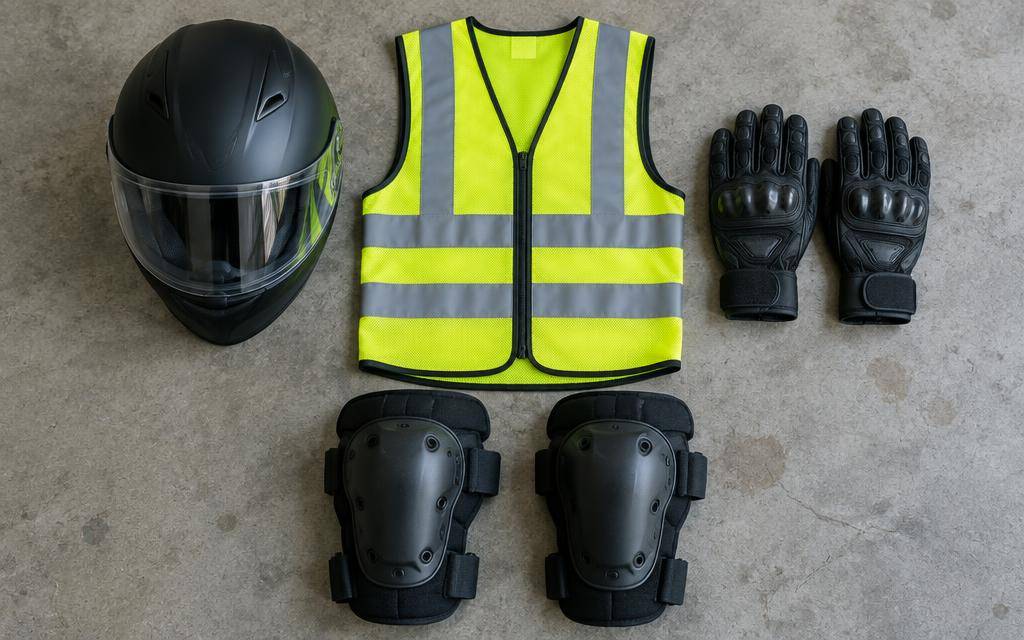 Capacete, luvas, colete e joelheiras dispostos no chão