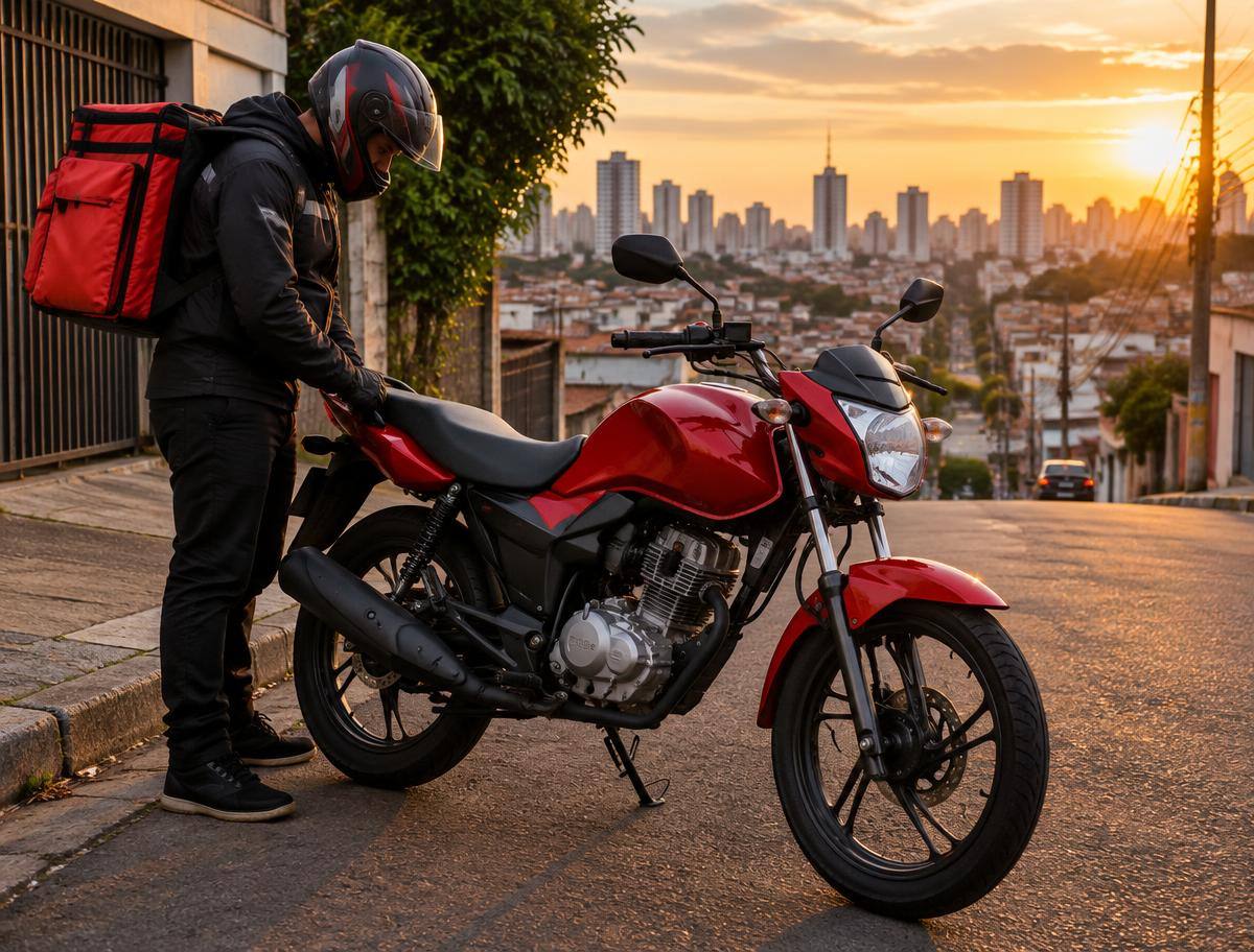 Motoboy ao lado de uma Honda CG 160 vermelha em rua de São Paulo
