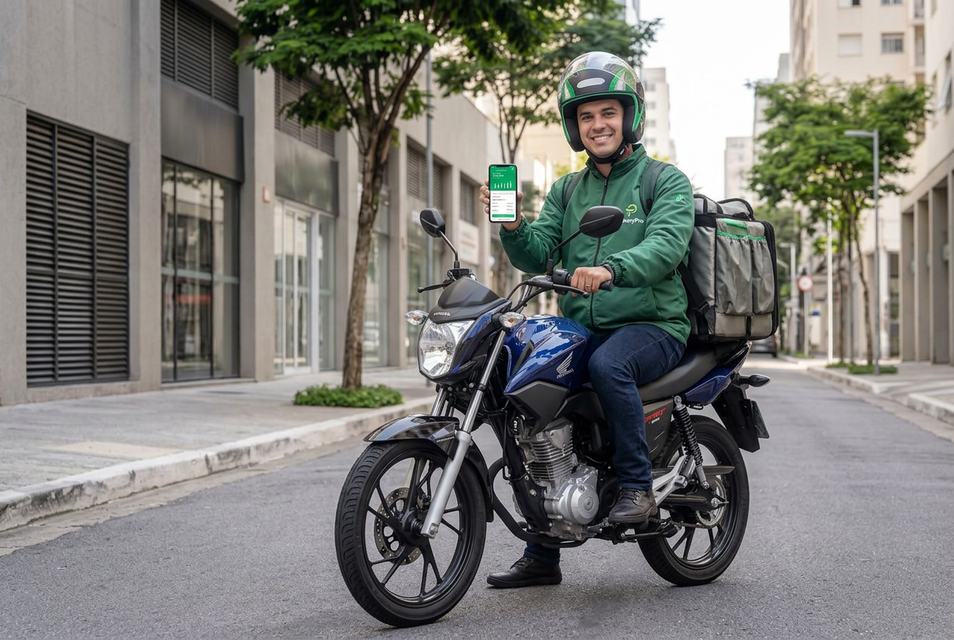 Entregador conferindo o celular ao lado da moto