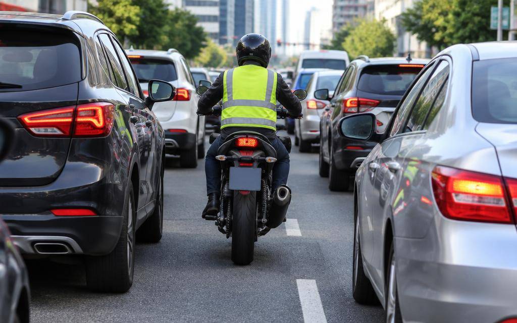 Motociclista com colete refletivo no trânsito da cidade
