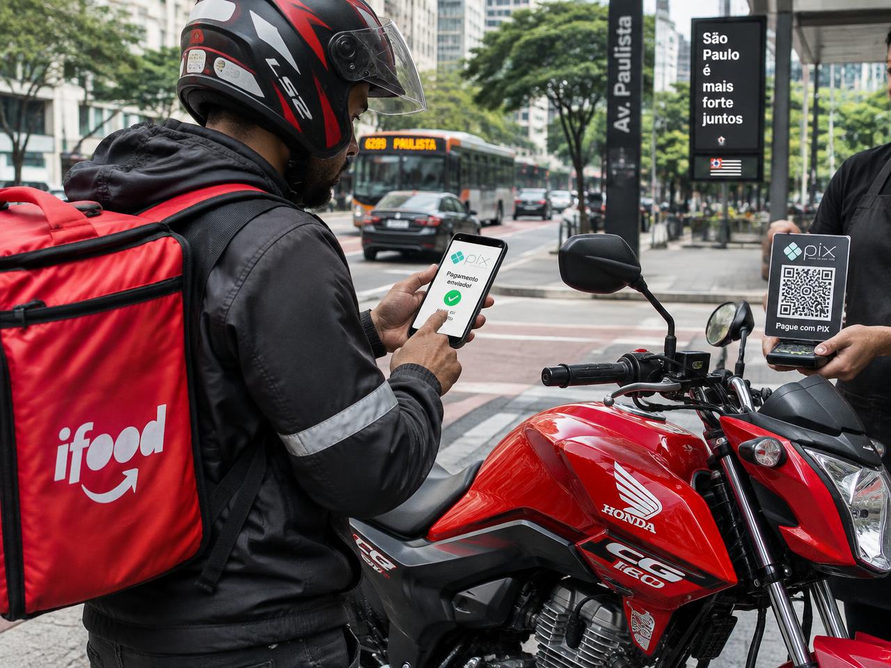 Entregador pagando no PIX ao lado de uma Honda CG 160 vermelha em São Paulo
