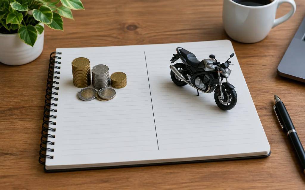 Motociclista organizando as contas ao lado da moto