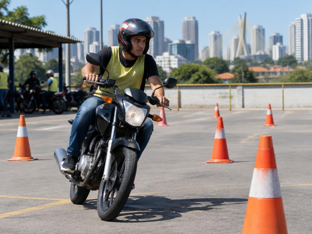 Aluno em aula prática de moto com cones em autoescola