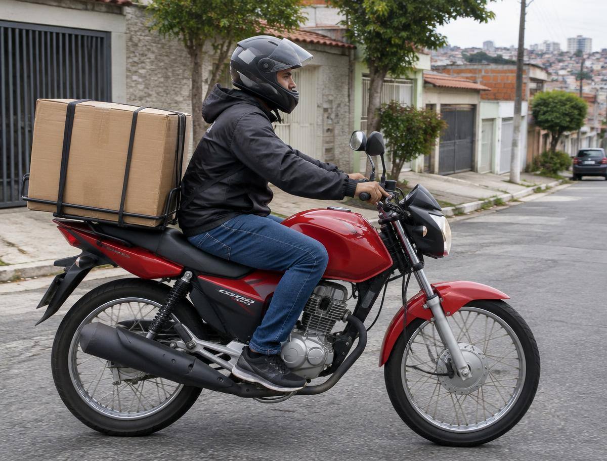 Entregador com caixa de papelão na garupa de uma Honda CG 160 vermelha