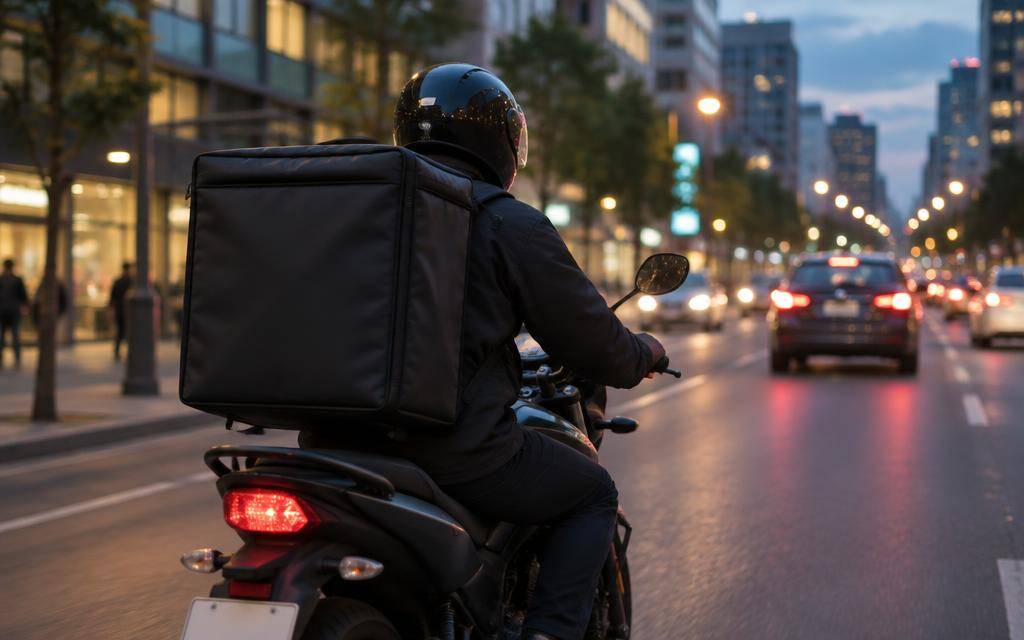Entregador de aplicativo com bag saindo para entrega de moto