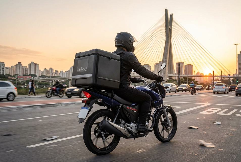 Moto trafegando em avenida movimentada de São Paulo