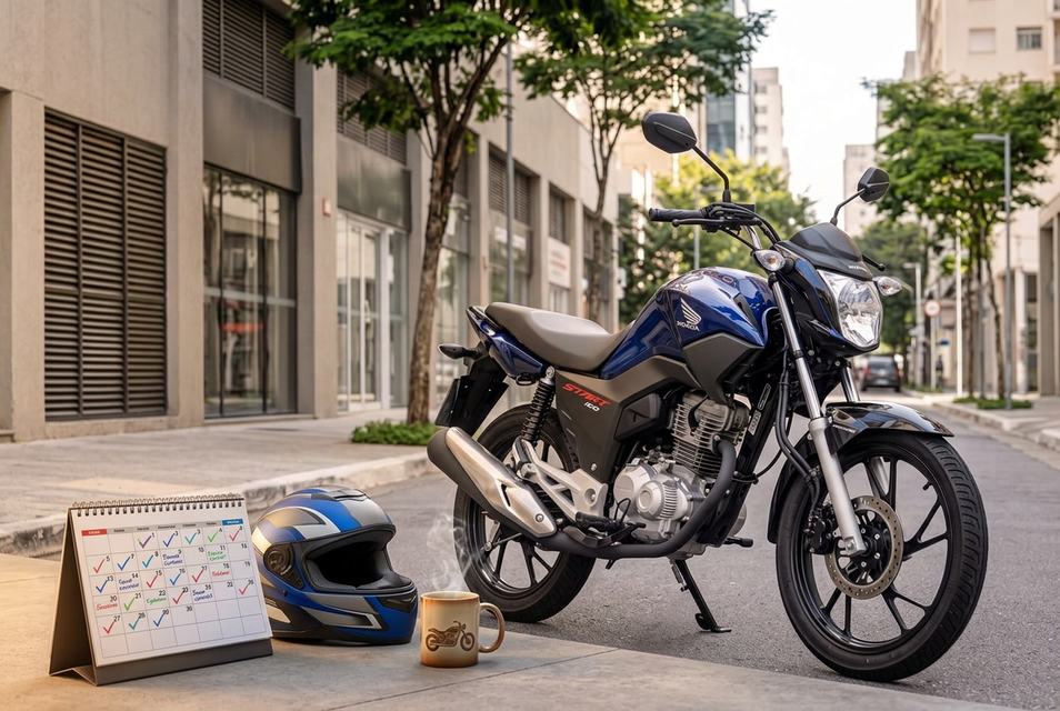 Moto zero quilômetro estacionada em rua da cidade